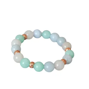 Handmade 10mm light blue and green stone beaded elastic bracelet with rose gold spacers