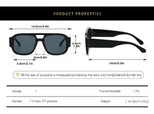 Size chart for double-bridge sunglasses showing PC frame dimensions and 41.8g weight specs