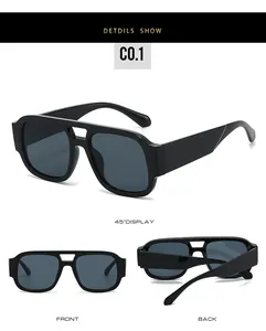 Detailed multi-angle views of black double-bridge square sunglasses showing front and back