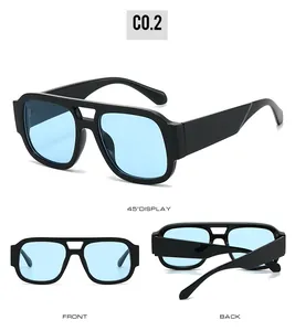 Detailed multi-angle view of double bridge sunglasses with black frames and light blue lenses