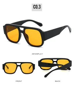 Three perspectives of retro double-bridge sunglasses with bold black frame and orange lens