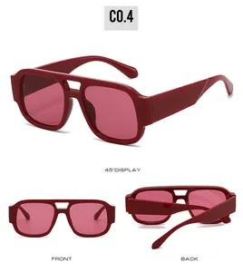 Detailed multi-angle views of red double bridge aviator sunglasses with pink lenses