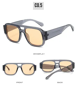 Three-angle views of grey aviator sunglasses with vibrant orange lenses and double bridge
