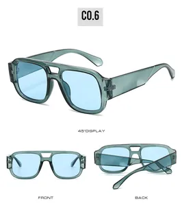 Three views of grey-green aviator sunglasses with double bridge and light blue lenses