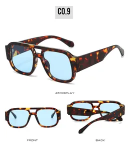 Detailed views of tortoiseshell sunglasses with double bridge and blue transparent lenses