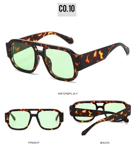 Three-angle display of retro tortoise shell sunglasses with light green transparent lenses