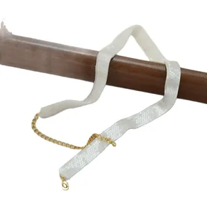 Elegant white hand-woven beaded ribbon necklace with adjustable gold-tone chain and clasp