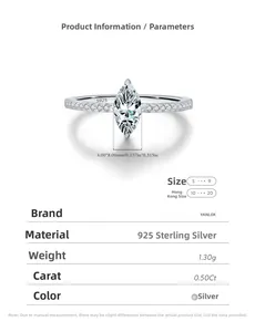 Detail view of Marquise cut moissanite ring in S925 silver with full specifications