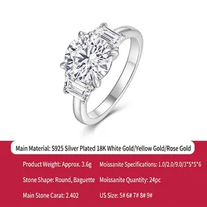 Classic S925 sterling silver three-stone moissanite ring with round and tapered baguette gems