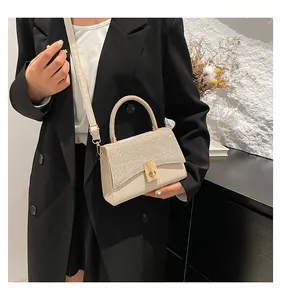 Chic cream small square bag with sparkling rhinestones and golden rotating lock detail