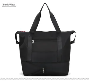 Back view of black travel tote featuring zipper pockets and bottom shoe compartment