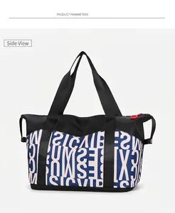 Detail of waterproof nylon travel tote with white letter print and red zipper accent