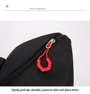 Detail of durable silver metal zipper with red hexagonal puller on black nylon tote bag