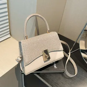Women Fashion Rhinestone PU Leather Handbag Small Square Shoulder Crossbody Bag With Metallic Twist Lock For Party Office