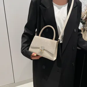 Elegant champagne sequin mini square bag with metal lock and leather shoulder strap