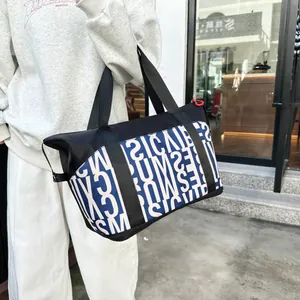 Bolso tote de gran capacidad con estampado de letras azul y blanco para viaje y ocio