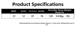 Size chart for chic PU leather crossbody bag with detailed dimensions and weight info