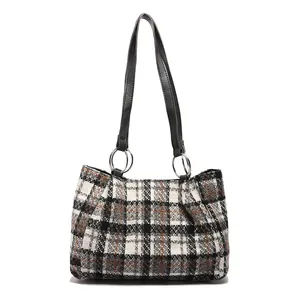 Modische Plaid Tweed Tragetasche mit Kontrastnähten und Metallic-Ring Schultergurten