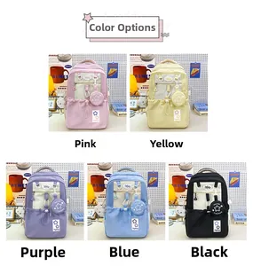 Detail showing five colors of the high-capacity nylon student backpack with round pouches
