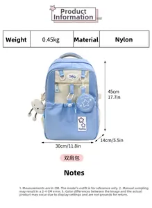 Detailed view of large nylon backpack dimensions 45x30x14cm in light blue and cream