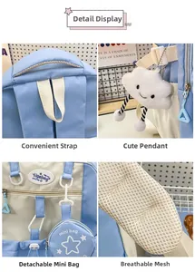 Detail of blue student backpack featuring thick handle and white plush cloud pendant