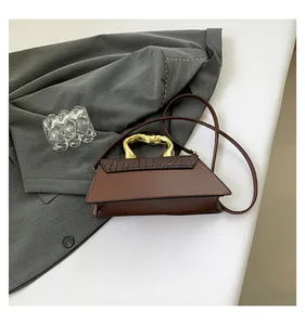 Detailed shot of brown crocodile pattern handbag with unique golden wave metal handle