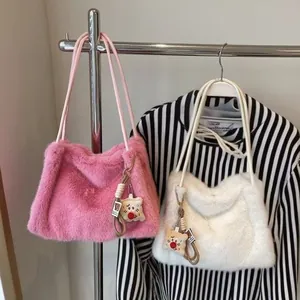 Women Fashion Plush Tote Bag Faux Fur Shoulder Bag Soft Solid Color Large Capacity Commuting Handbag With Cute Pendant
