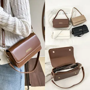 Women Fashion PU Leather Flap Crossbody Bag Solid Color Shoulder Bag Gold Letter Detail For Casual Daily Travel Bag