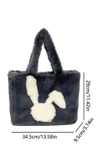 Detail view of plush grey rabbit tote bag showing dimensions 34.5x29x9.5 cm