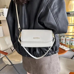 Fashionable cream white rectangle flap crossbody bag with gold hardware for women