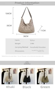 Detailed chart showing khaki, black, and green nylon dumpling bags with size 36x30x11cm