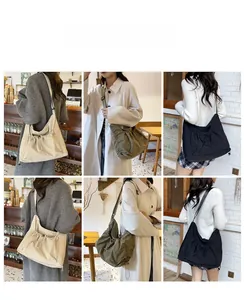 Collage of model wearing a stylish nylon pleated dumpling crossbody bag in various colors