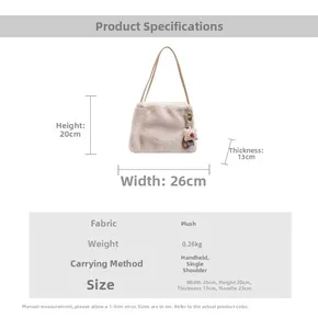 Detailed view of beige plush tote bag with dimensions 26x20x13cm and cute bear pendant