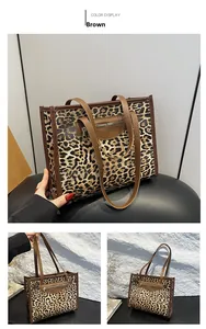 Detailed views of the brown leopard print tote bag with leather handles and zip pockets