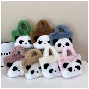 Macro shot showing plush panda bags in various colors with soft faux fur texture
