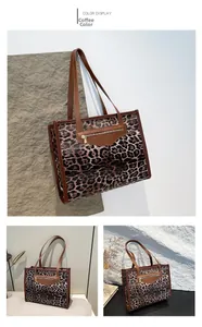 Detail showing the coffee brown faux leather strap and leopard print tote bag material