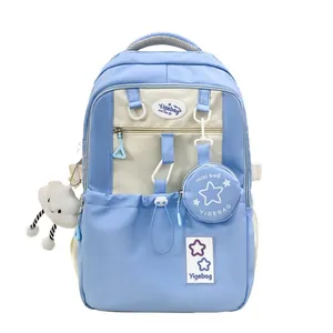 Minimalist light blue and cream large capacity school backpack with cute cloud charm