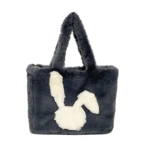 Cute grey faux fur rabbit tote bag for women with fluffy handles and bunny silhouette