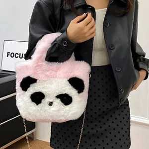 Cute Panda Plush Handbag Crossbody Bag For Women Faux Fur Tote Bag With Metal Chain Strap Daily Cartoon Mini Shoulder Bag