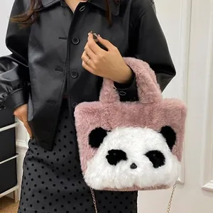 Cute pink plush panda crossbody bag with soft faux fur and elegant gold chain strap
