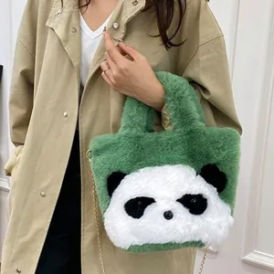 Mini green plush panda shoulder bag with soft faux fur and gold metal chain strap