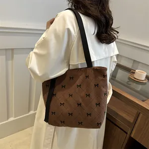 Damen Mode Lässig Corduroy Schleifen Print Rautensteppung Große Kapazität Schultertasche Mit Reißverschluss Griff Tasche
