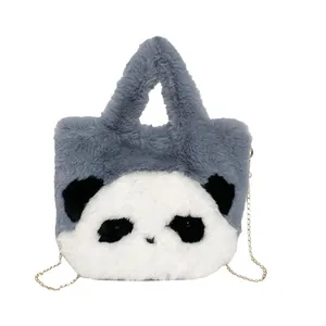 Cute panda plush crossbody bag with grey handles and gold chain strap in minimalist view