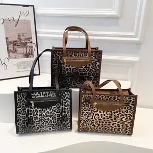 Women Retro Leopard Print Tote Bag PU Leather Shoulder Bag Large Capacity Handbag With Front Zipper Pocket Fashion Travel