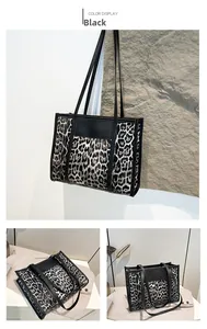 Detail view of large leopard print tote bag with black leather trim and multi-angle shots