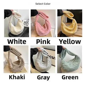 Color options of soft fleece shoulder bags in white pink yellow khaki grey and green