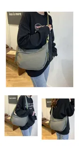 Vues multiples d'un sac demi-lune en nylon vert armée avec une large bandoulière