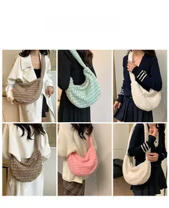 Collage of plush textured hobo bags in cream, brown, pink, and mint green colors