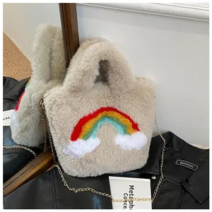 Detail of plush faux fur handbag with colorful rainbow embroidery and gold chain strap