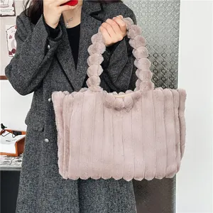 Sac fourre-tout en peluche rose avec poignées bulles et rayures pour femmes